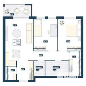 2-к квартира, вторичка, 66м2, 8/9 этаж