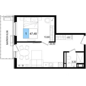1-к квартира, вторичка, 47м2, 8/9 этаж