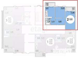 2-к квартира, вторичка, 52м2, 9/16 этаж