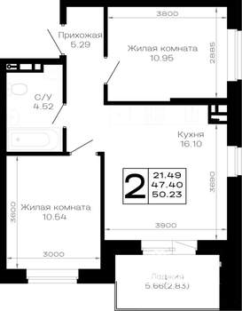 2-к квартира, строящийся дом, 50м2, 4/4 этаж