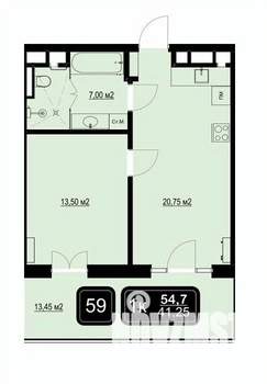 1-к квартира, вторичка, 55м2, 6/9 этаж