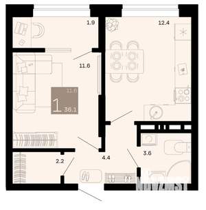 1-к квартира, вторичка, 34м2, 4/12 этаж