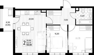 2-к квартира, строящийся дом, 53м2, 1/8 этаж