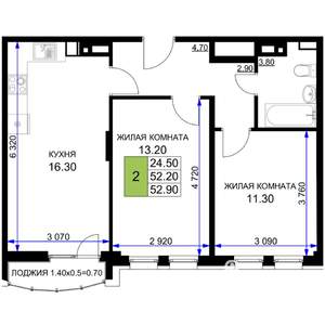2-к квартира, строящийся дом, 53м2, 4/12 этаж