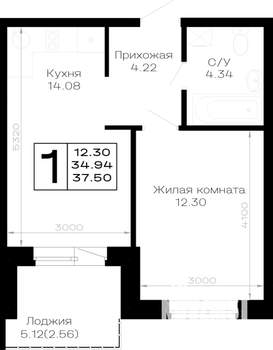 1-к квартира, строящийся дом, 38м2, 2/4 этаж