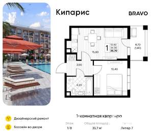 1-к квартира, вторичка, 36м2, 1/8 этаж