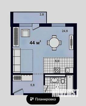 Студия квартира, вторичка, 44м2, 2/3 этаж