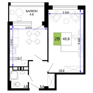 2-к квартира, строящийся дом, 46м2, 5/9 этаж