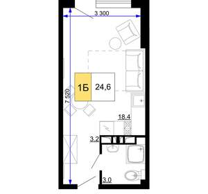 1-к квартира, вторичка, 25м2, 6/9 этаж