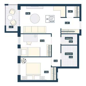 2-к квартира, вторичка, 63м2, 5/9 этаж