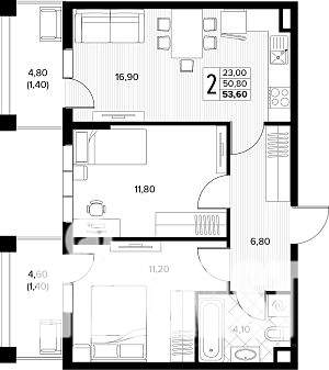 2-к квартира, строящийся дом, 54м2, 1/8 этаж