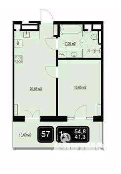 1-к квартира, вторичка, 55м2, 6/9 этаж