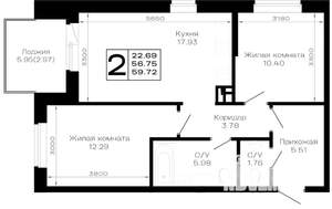 2-к квартира, строящийся дом, 60м2, 1/4 этаж