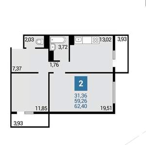 2-к квартира, вторичка, 67м2, 6/16 этаж