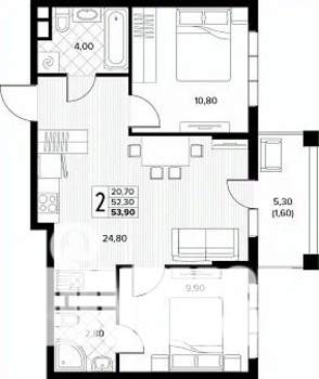 2-к квартира, строящийся дом, 54м2, 2/8 этаж