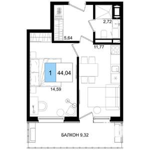 1-к квартира, строящийся дом, 44м2, 8/8 этаж