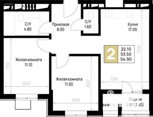 2-к квартира, строящийся дом, 55м2, 2/12 этаж