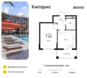 1-к квартира, вторичка, 35м2, 4/8 этаж