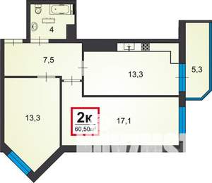 2-к квартира, вторичка, 61м2, 5/15 этаж