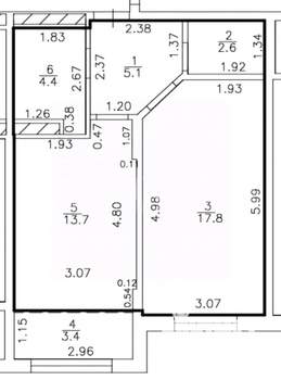 1-к квартира, вторичка, 47м2, 5/6 этаж