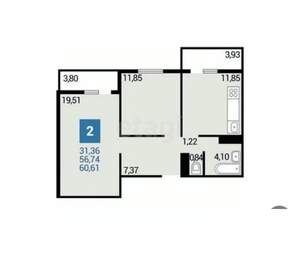 2-к квартира, вторичка, 61м2, 4/16 этаж
