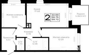 2-к квартира, строящийся дом, 60м2, 1/4 этаж