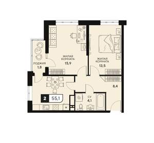 2-к квартира, вторичка, 55м2, 8/15 этаж