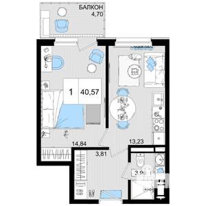 1-к квартира, строящийся дом, 39м2, 8/8 этаж