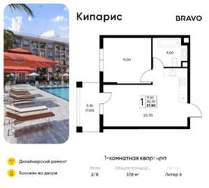 1-к квартира, вторичка, 38м2, 2/8 этаж