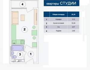 Студия квартира, вторичка, 27м2, 2/19 этаж
