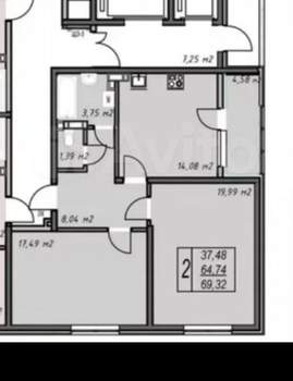 2-к квартира, вторичка, 69м2, 4/14 этаж