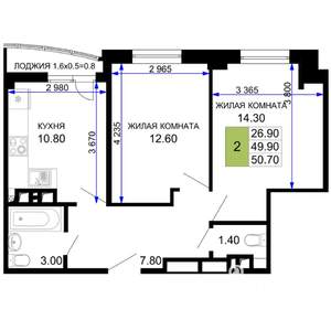 2-к квартира, строящийся дом, 51м2, 2/12 этаж