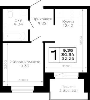 1-к квартира, вторичка, 32м2, 1/4 этаж