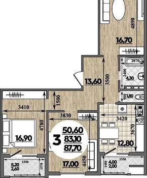 3-к квартира, сданный дом, 88м2, 4/16 этаж