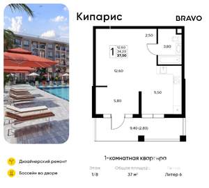 1-к квартира, вторичка, 37м2, 1/8 этаж