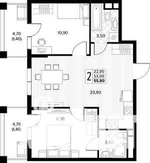 2-к квартира, строящийся дом, 56м2, 4/8 этаж