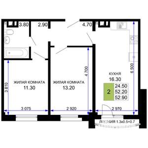 2-к квартира, строящийся дом, 53м2, 9/9 этаж