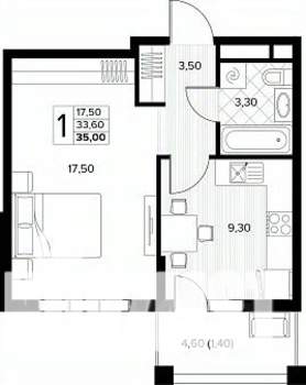 1-к квартира, строящийся дом, 35м2, 3/8 этаж