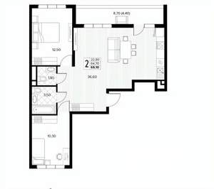 2-к квартира, вторичка, 69м2, 3/8 этаж