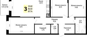 3-к квартира, вторичка, 88м2, 2/4 этаж