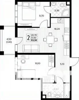 2-к квартира, строящийся дом, 53м2, 2/8 этаж