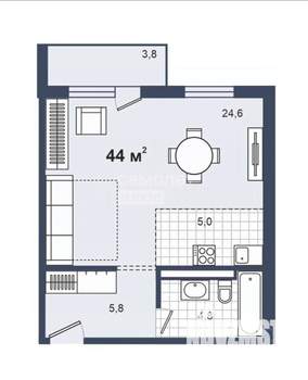 1-к квартира, вторичка, 44м2, 1/4 этаж