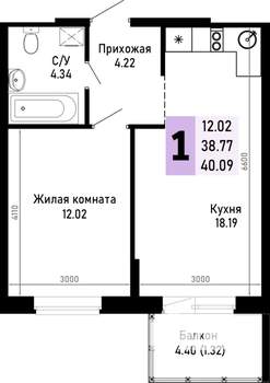 1-к квартира, строящийся дом, 40м2, 4/4 этаж