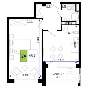 2-к квартира, вторичка, 46м2, 7/9 этаж