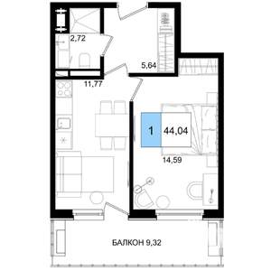 1-к квартира, вторичка, 44м2, 2/9 этаж