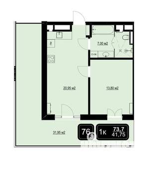 1-к квартира, вторичка, 74м2, 5/9 этаж