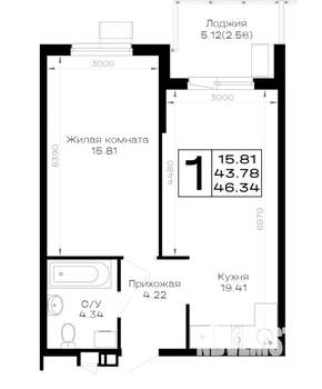 1-к квартира, вторичка, 46м2, 3/4 этаж