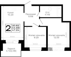 2-к квартира, вторичка, 47м2, 1/4 этаж