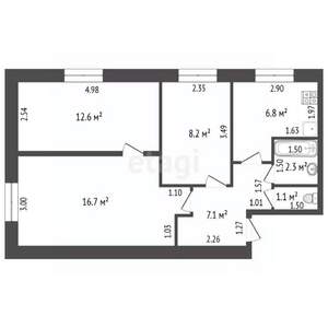 3-к квартира, вторичка, 55м2, 1/2 этаж