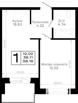 1-к квартира, строящийся дом, 38м2, 2/4 этаж